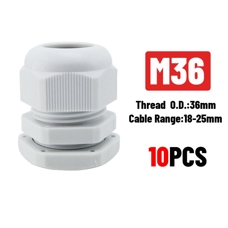 White 10pcs IP68 M12 for 3-6.5mm PG7 M16 M18 M20 M25 M36 M40 M63 Wire Cable CE Waterproof Nylon Plastic Cable Gland Connector: M36x1.5