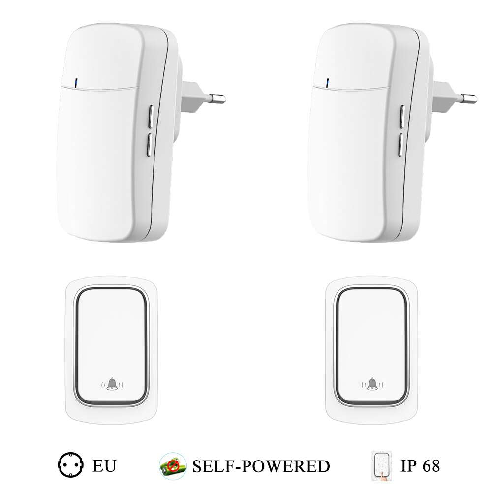 Waterproof Wireless Doorbell Outdoor Remote Doorbell No Battery Kinetic Ring Bell 220V,38 Melody,EU PLUG for Home,Apartment Door: 2R 2s