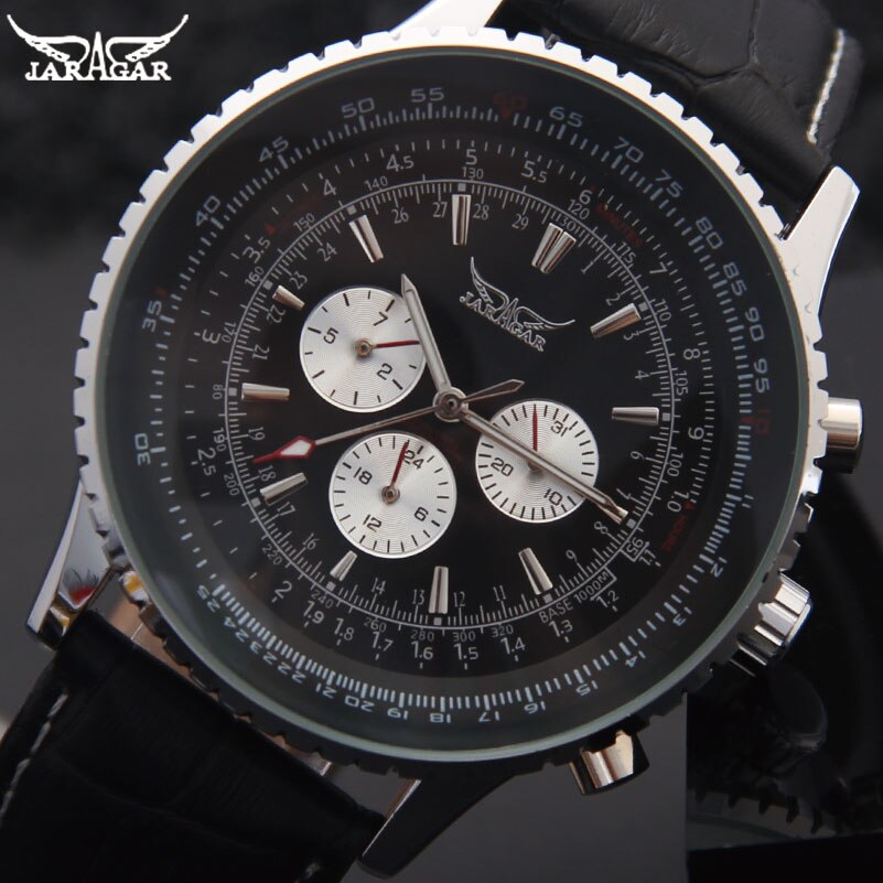 Jaragar Luxe Top Mannen Mechanische Horloges Automatische 6 Handen Lederen Band Horloges Big Dial Voor Man Horloges