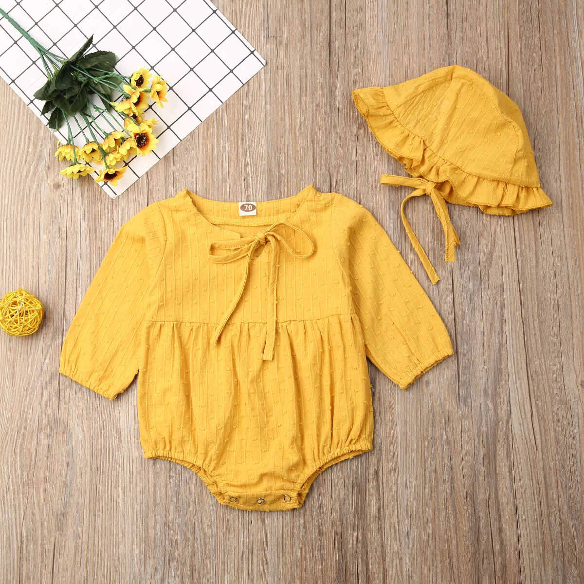 0-24M Pasgeboren Baby Jongen Meisje Met Lange Mouwen Effen Kleur Katoen Bodysuit Jumpsuit Hoed 2 STUKS Outfits Baby kleding