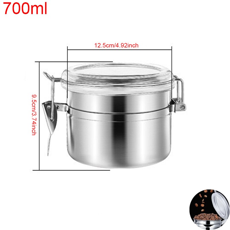 Stainless Steel Airtight Coffee Jar Canister 700ml/1400ml Coffee Beans Tea Coffee Container Storage Canister Set With Spoon: Silver 700ml