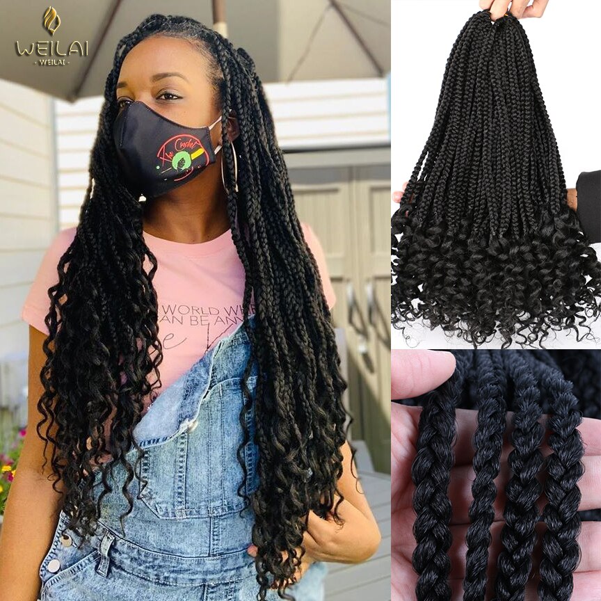 WEILAI Box Braids Crochet Hair Curly Ends 18inches 30 Roots/pieces Goddess Box Braids Hair Extensions Soft Fiber Braiding