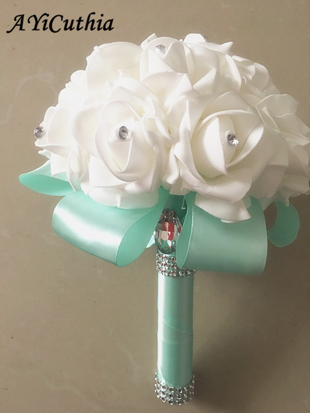 AYiCuthia Romantische Bruiloft Boeket Bruid Bruidsmeisje Bruiloft Decoratie Foam Bloemen Rose Bruidsboeket White Satin Holding S30: green