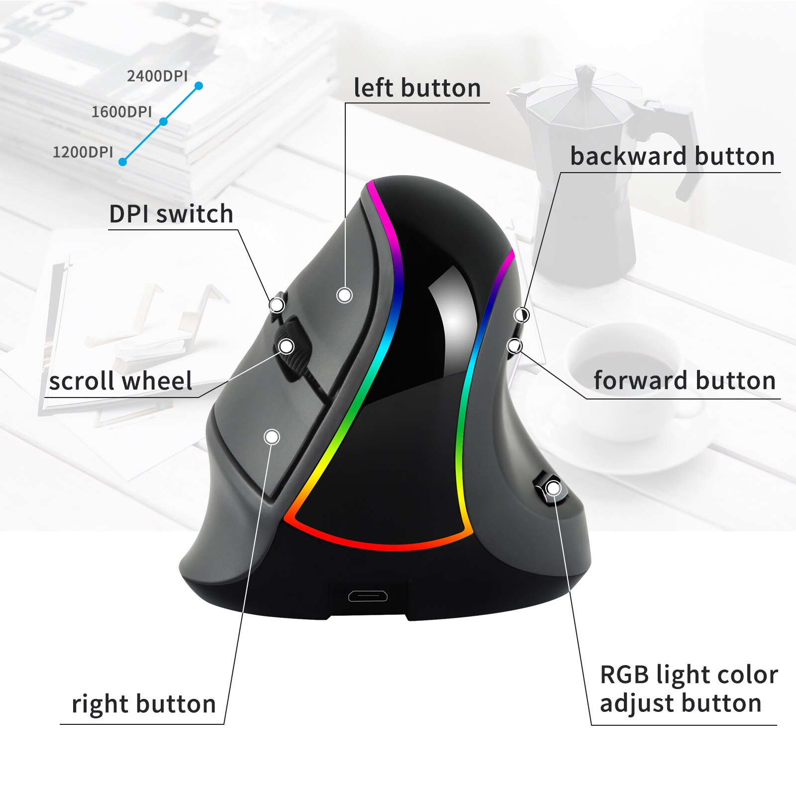 RGB Vertical Mouse Optical Charging Wireless Mice with Backlight Adjustable DPI Ergonomic Gaming Mouse USB Mause For Laptop PC