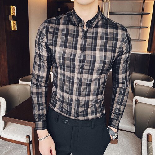 Lente geruite overhemden heren slank lange mouwen klassieke britse stijl casual formeel zakelijk overhemden heren jurk sociaal chemise homme: Zwart / Xxxl