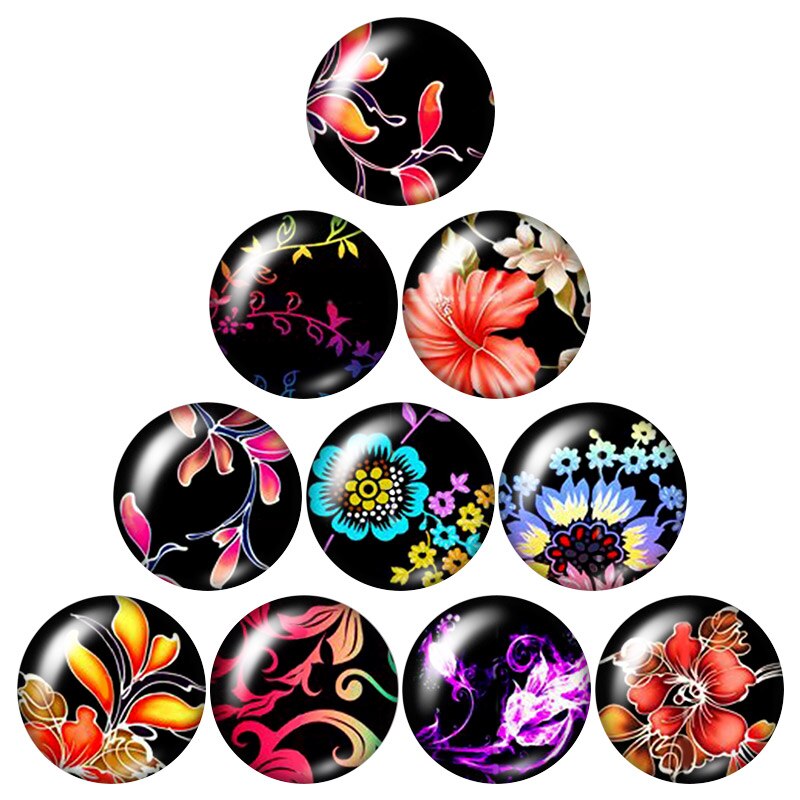 Botones a presión de 18mm con de flores, margaritas y lirios, foto redonda mixta, estilo de cabujón de cristal para joyería con botón a presión, 10 Uds.: DB0751
