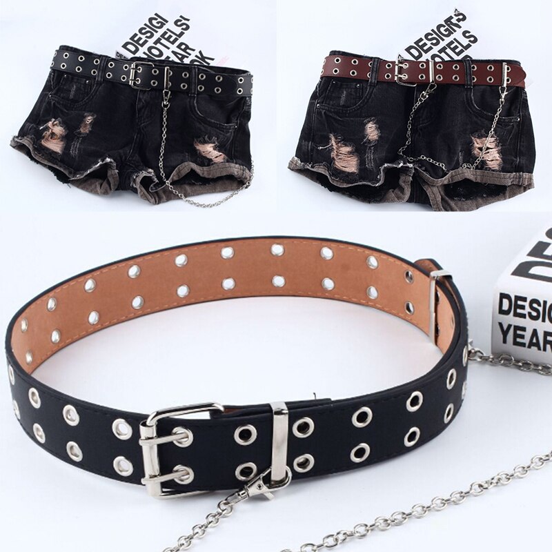 1 pcs Women Punk Chain Belt Adjustable Black Double/Single Eyelet Grommet Leather Buckle Belt
