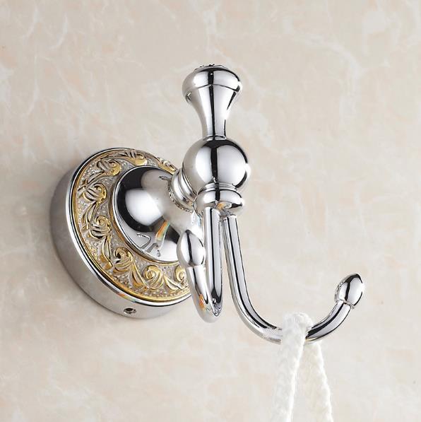 Europe Solid Brass Robe Hooks Clothes Polish Finish Wall Mounted Gold Coat Hook Bath Hardware Products: Silver