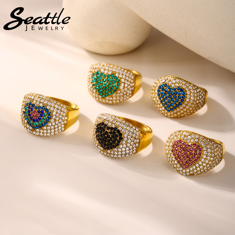 Bague épaisse en acier inoxydable plaqué or pour femmes, en forme de cœur, Zircon coloré, de luxe, pour Couple, bijoux d'été assortis