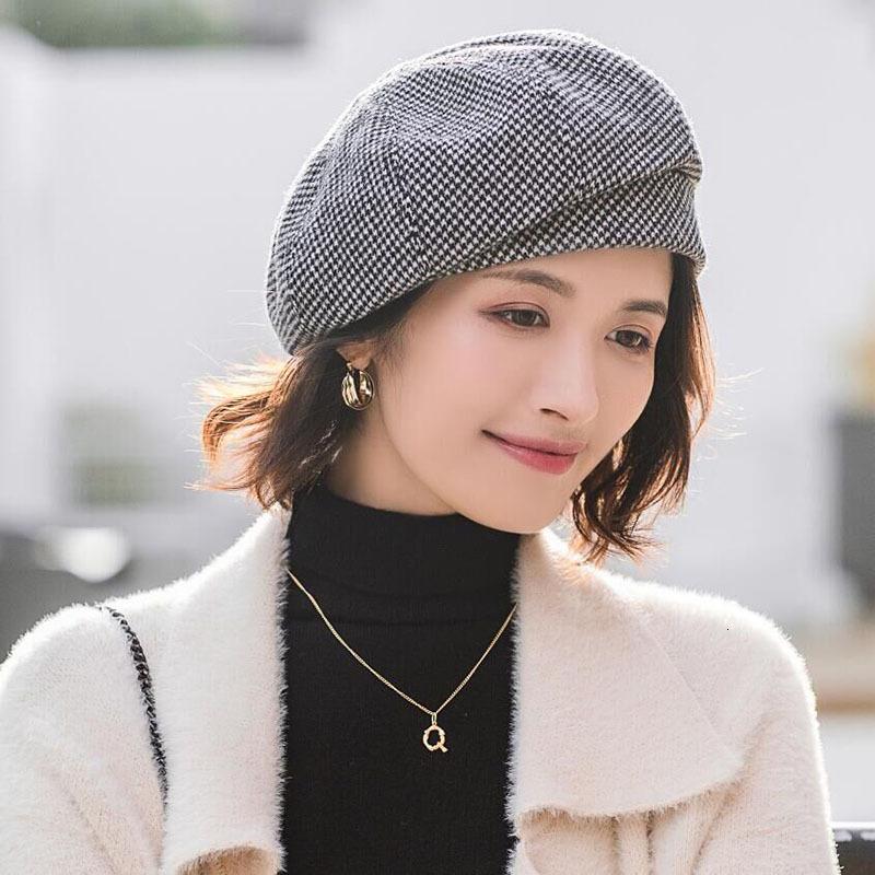 Herfst Winter Hoeden Vintage Houndstooth Baret Vrouwen Cap Dames Katoen Hoed Versie Retro Achthoekige Cap Ritish Schilder Caps: GRAY