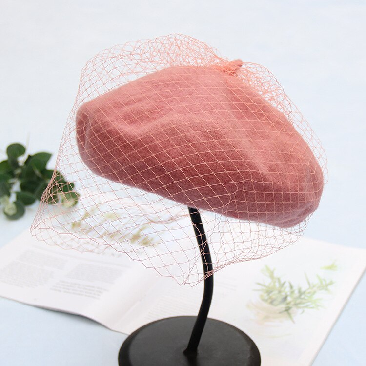 Baret Vrouwelijke Franse Hoed Plaid Wol Baret Met Sluier Voor Bruiloft Party Tweed Mesh Cap: Pink