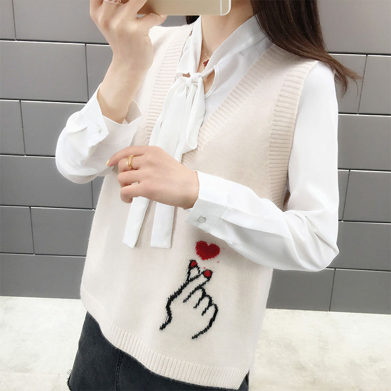 Vesten dames los vrijetijdskleding print eenvoudig all-match trendy studenten dames snoepkleur koreaanse stijl warm v-hals mouwloos gebreid: Wit / Xl