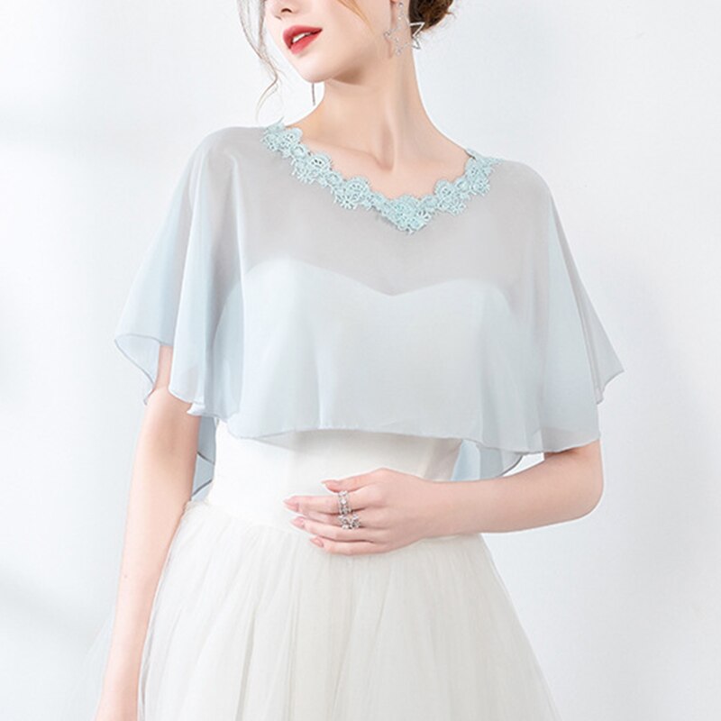 Cape en mousseline de soie pour femmes, châle doux et léger pour mariée, col rond, longue tenue de soirée: Pale Mint