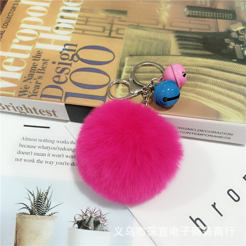 -love 8cm faux rex kanin pom-pom nøglering tiy kontrast farve klokke par taske tilbehør sydkorea små smykker tilbehør: Rosenrød