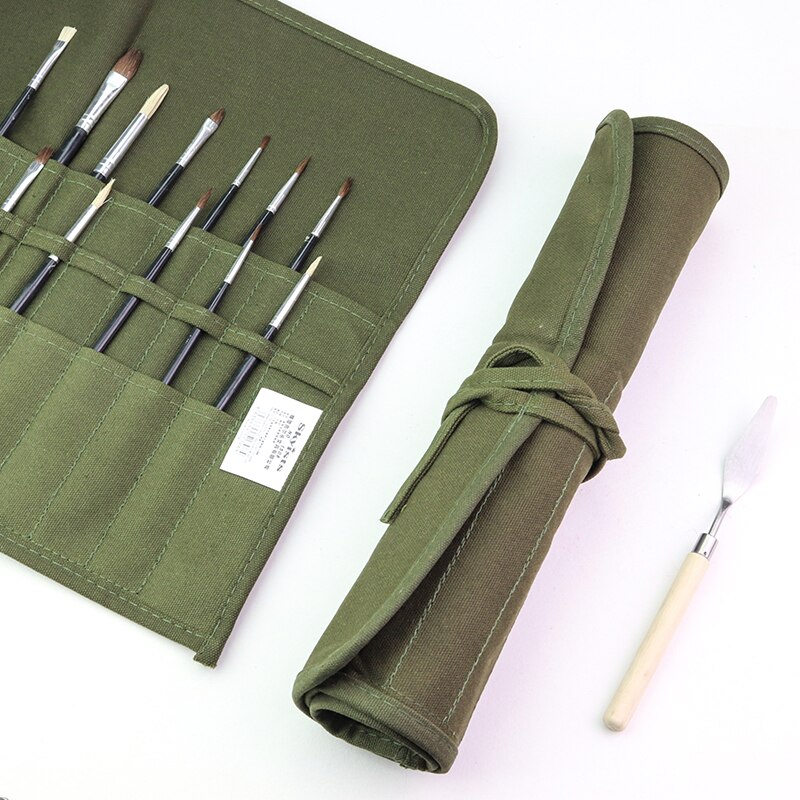 Skyists Art Multifunctional 22/30 Holes Canvas Pen Curtain & 15pcs Brushes Insert Pen Roll Up Bag/Case Pencil Storage Bag 1508