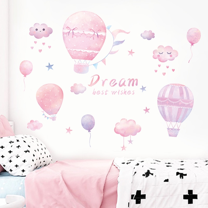 Pink Air Balloon Wall Stickers DIY Pink Clouds Mural Decals for House Kids Rooms Baby Bedroom Decoration Princess Stickers