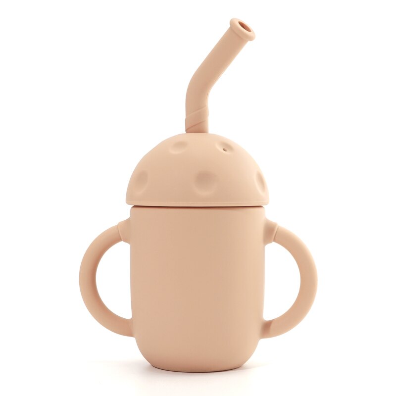 Tasse à champignon en Silicone pour enfants, avec paille, à Double poignée, isolation thermique, en Silicone souple, facile à nettoyer: 001-apricot