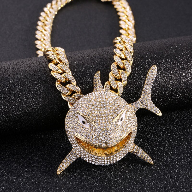 Hip Hop Big Shark Pendant Necklace Pave Bling Cubic Zircon Party Jewelry With Big Iced Out Crystal Miami Cuban Link Chain: gold cuban chain