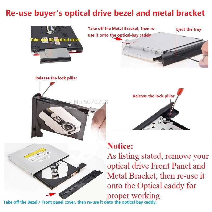 12.7mm 2nd HDD SSD Hard Drive Optical bay Caddy Frame Adapter for Dell Inspiron M5010 N5010 N7110 N7010 N5110 DS-8A5SH DVD ODD