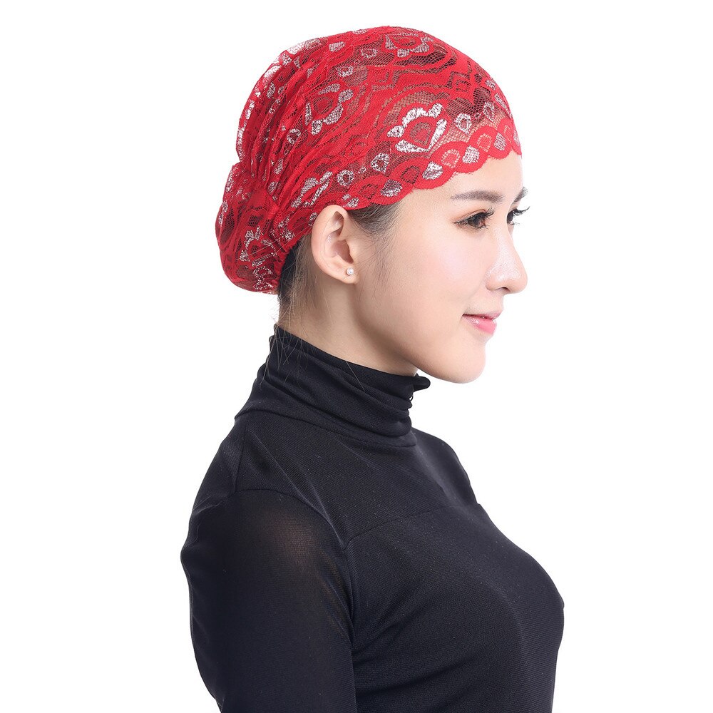 Vrouwen Moslim Stretch Kant Tulband Hoed Chemo Cap Haaruitval Hoofd Sjaal Wrap Cap: Red 