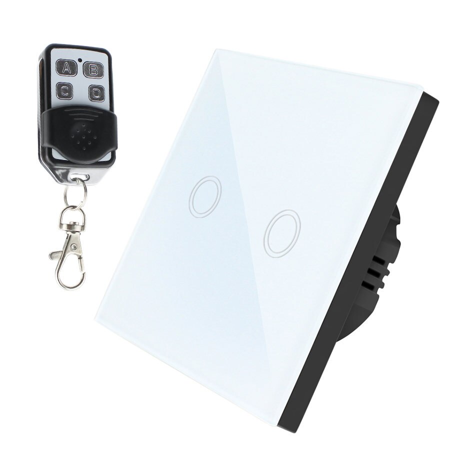 Interruptor táctil LED con 1/2/3 entradas, 220V, Sensor estándar para UE/RU, interruptor inalámbrico para lámpara de pared con Control remoto, Panel de vidrio templado de 433MHz: White 2 gang Remote