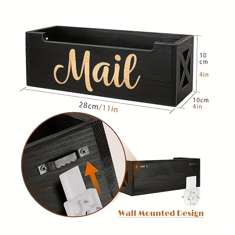 Wooden Storage Box Wall Mount Desktop Organizer Paper Document Tray Mail Envelope Holder Decorative Home Office