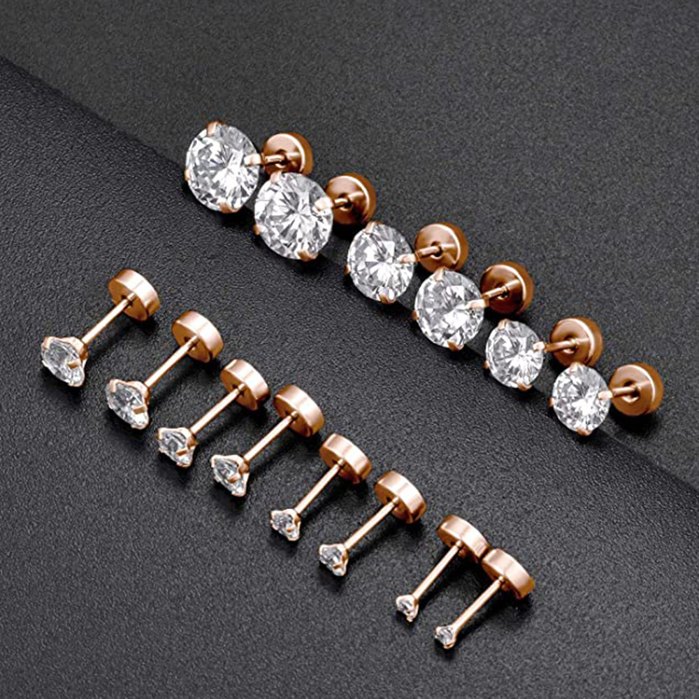 1Pair Stainless Steel Crystal Screw Back Stud Flat Earrings for Women Men Punk Cool Clear Cubic Zirconia Tiny Piercing Style