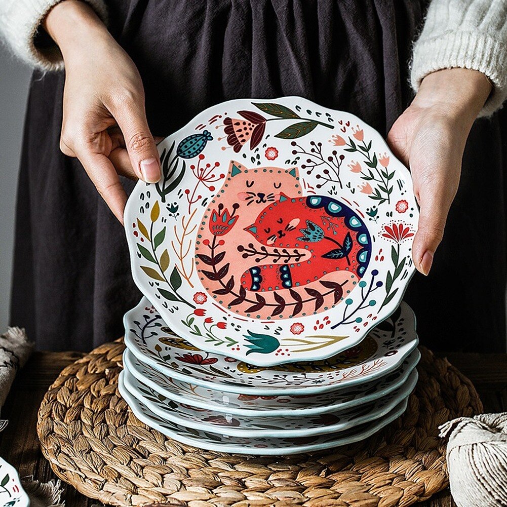 8 inch Hand-painted Cat Dinner Plate Under-glazed Ceramic Dinner Dishes Dessert Tray Flower Kitten Dinnerware Microwave Safe