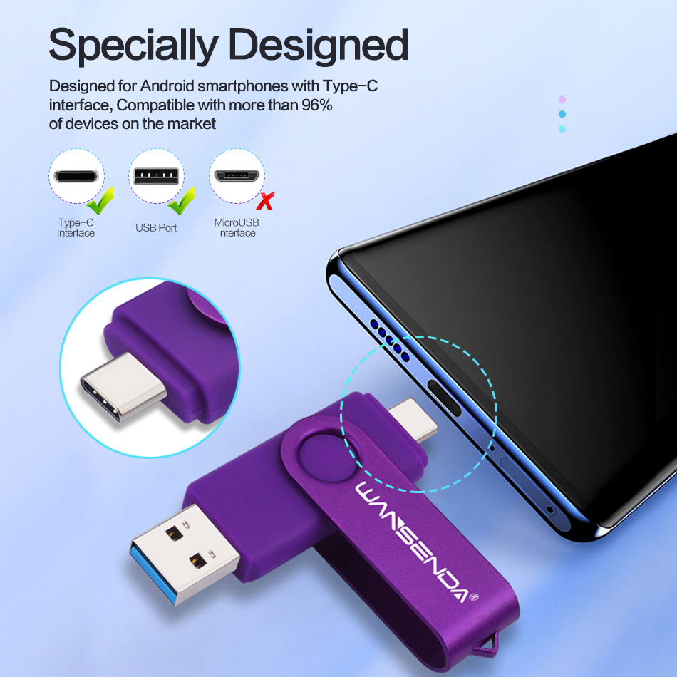 WANSENDA TYPE C USB 3,0 unidad Flash Metal Pen Drive 512GB 256GB 128GB 64GB 32GB 16GB memoria Stick 2 en 1 Pendrives de alta velocidad