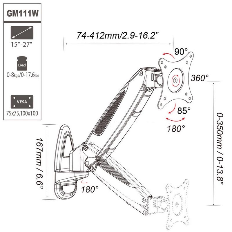 GM111W Aluminum Gas Spring 360 Degree Full Motion Height Adjustable LCD LED Monitor TV Wall Mount Bracket Arm
