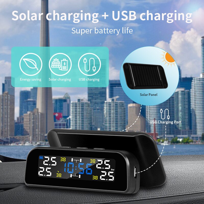 Auto Tpms Met Klok Tool Intelligent Solar Tpms Auto Bandenspanning 4 Sensoren Binnen Of Externe Sensor Temperatuur alert
