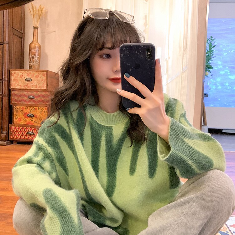 Oversized Sweater Green Pullover Women Knitted Sweater Loose Tops Winter O-Neck Harajuku Sueter Mujer pull Tie Dye Outerwear: green