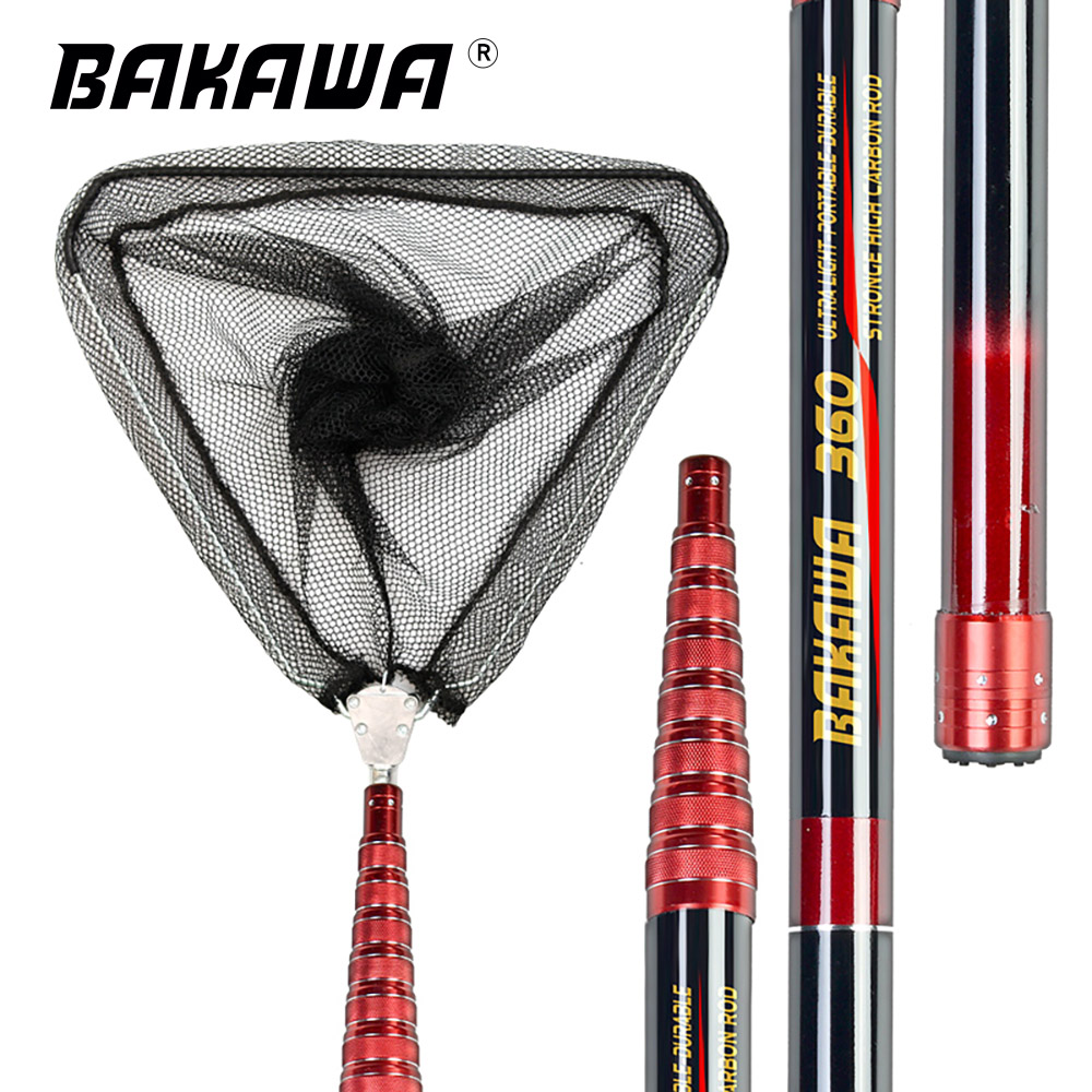Red de pesca plegable BAKAWA, red de aterrizaje telescópica de 4m3,6 M, herramientas para moscas de fibra de carbono para carpa, red de inmersión manual de mar, accesorios de red de aterrizaje