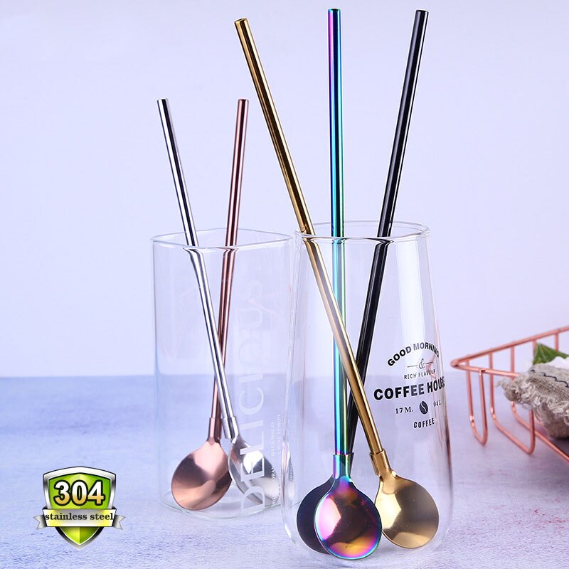 Stainless steel reusable western food straw spoon tableware dualuse dessert soup spoon cola drink straw ice spoon stirring spoon
