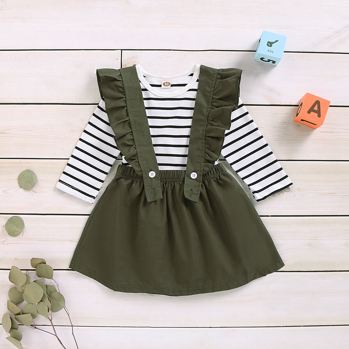Meisjes Rokken Tweedelige Pak Lange Mouwen Gedrukt Gestreepte Tops En Meisjes Sling Kant Rok Kinderkleding: Army Green / 110