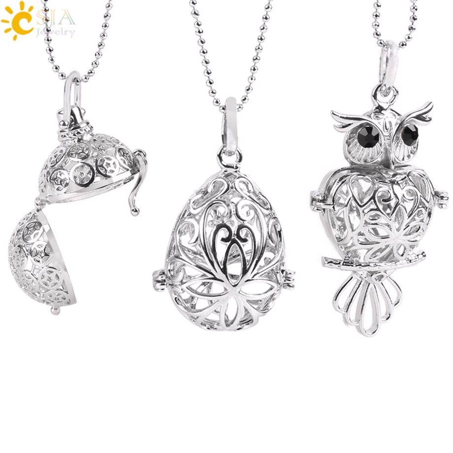 CSJA Women DIY Making Jewellery No Stone Copper Ball Owl Egg Hollow Cage Charms Slide Locket Pendant Necklace Birthday E504