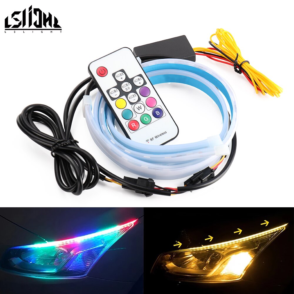 LSlight flexibel Scheinwerfer Streifen Tagfahrlicht DRL mit Blinker 30CM 45CM 60CM RGB Auto Auto weichen Schlauch führen Lampe 12V: 60CM - RGB