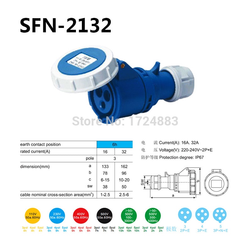Conector de 3 polos 16A, enchufes macho y hembra industriales SFN-0132/SFN-2132 a prueba de agua IP67 220-240V ~ 3P + E