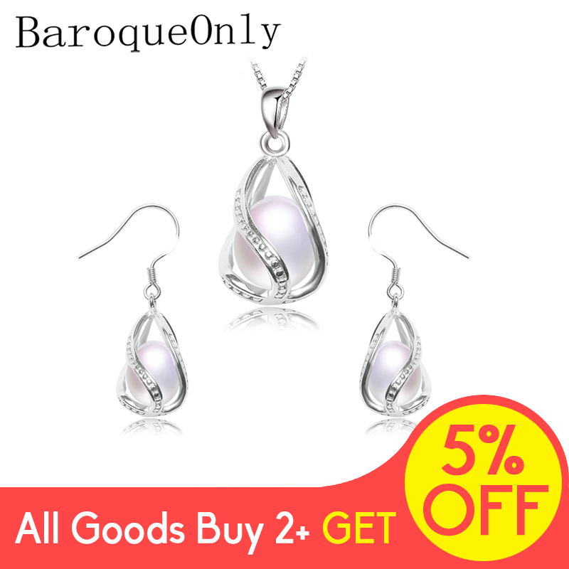 Baroqueonly 925 Sterling Zilveren Set Zoetwater Pearl Jewerly Sets Kooi Oorbel Ketting set Voor Vrouwen Hollow Vintage grote verkoop TC