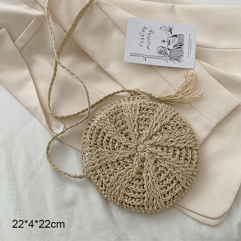 Ronde Stro Strandtas Vintage Handgemaakte Geweven Schoudertas Raffia Cirkel Rotan Zakken Bohemian Zomervakantie Casual Tassen: Beige 2