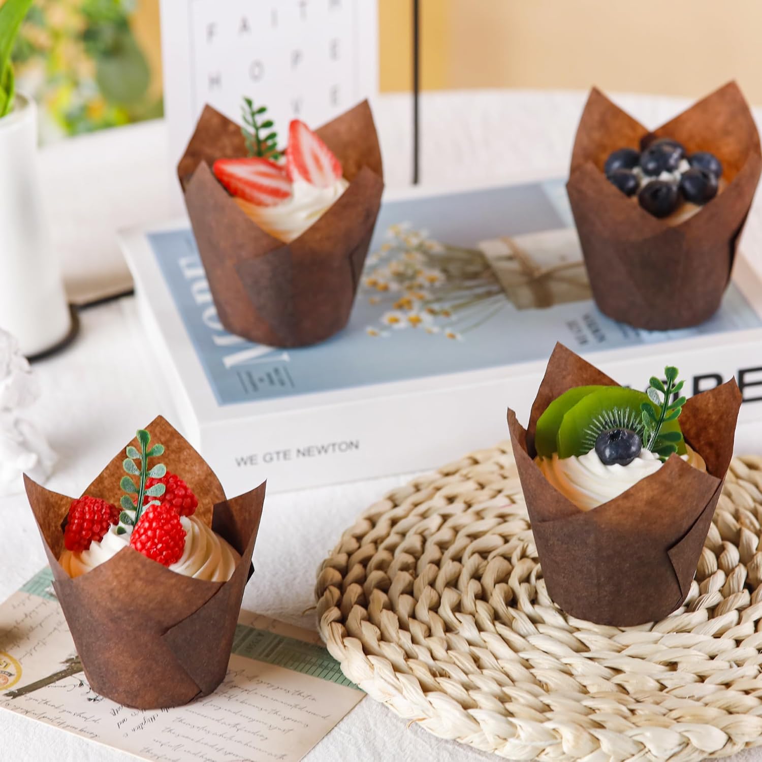 100 stk. tulipanforme til cupcakeforme, papirforme til muffins, cupcakepapir til fest, hjemmelavet kageform, bagepapir, værktøj, indpakningsetui