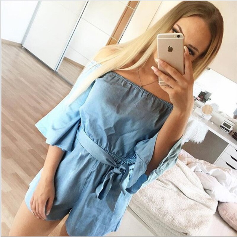 Summer Women Running Pants Short Sleeve Off Shoulder Flare Sleeve Fitness Short Pants With Sashes: S