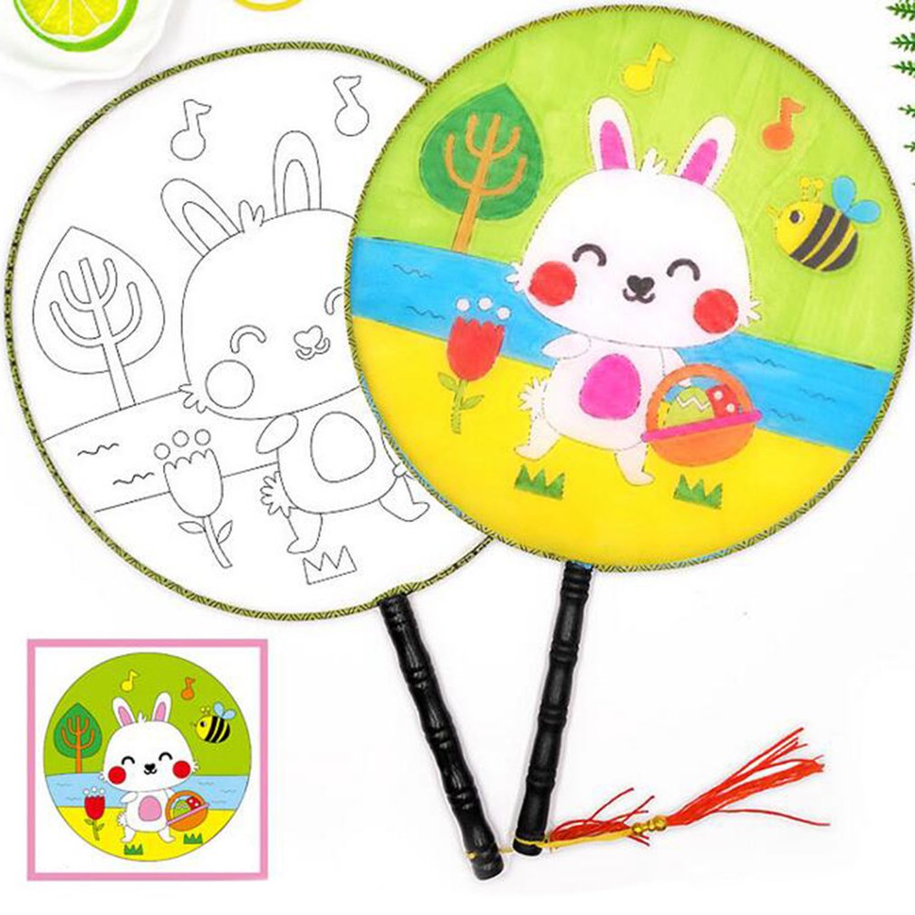 Round Fan Children Diy Hand-painted Blank Fan Painting White Palace Cool Fan Kindergarten Art Materials: Default Title