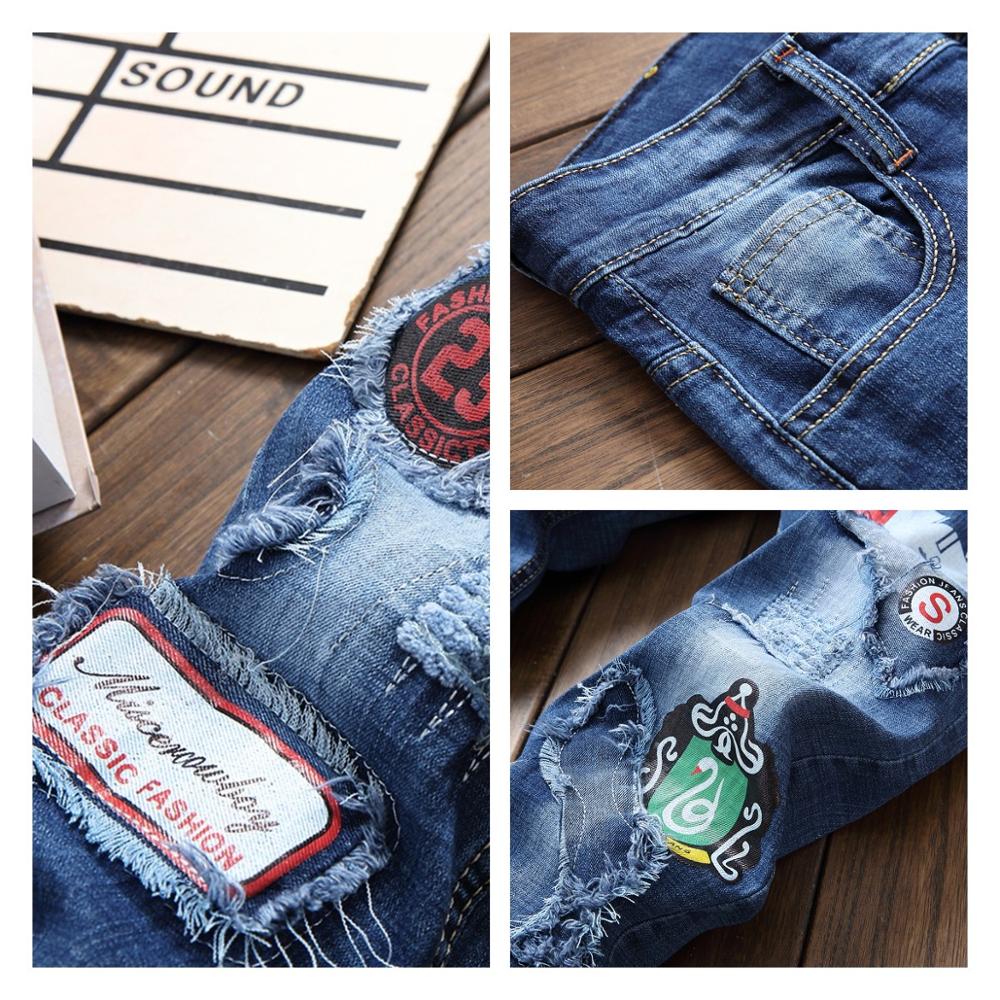 Märkesjeans herr slitna nödställda hål tryckta lapptäcke homme jeansbyxor plus storlek 29-38 blå herrjeans