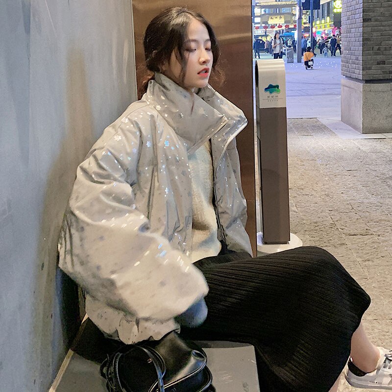 Kort stil parkaer trendy blank sølv chic vinter dame outwear harajuku studerende oversize jakker match streetwear 5xl: Sølv / S