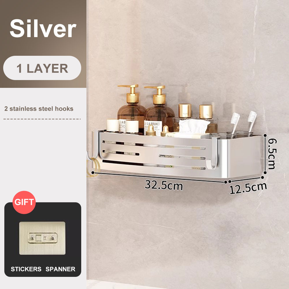 1-2PCS Badezimmer Eckregal mit Kunststoff Haken Handtuchhalter Kein Bohrenraum Aluminium Dusche Lagerregal Badezimmer Organizer