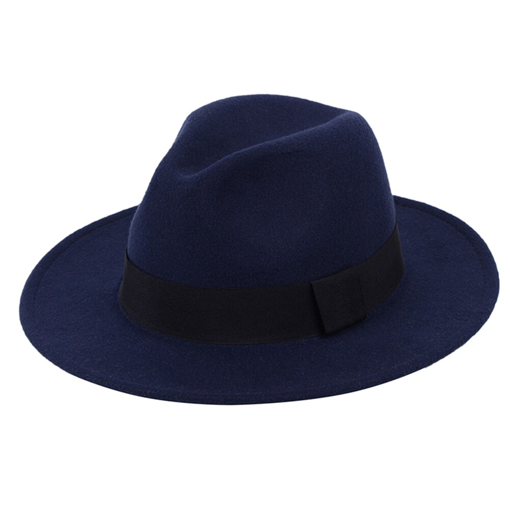 Dames heren britse retro grote vilt fedora's rand hoed zwarte wollen vilt vintage herenhoed platte rand hoge hoed: Marineblauw