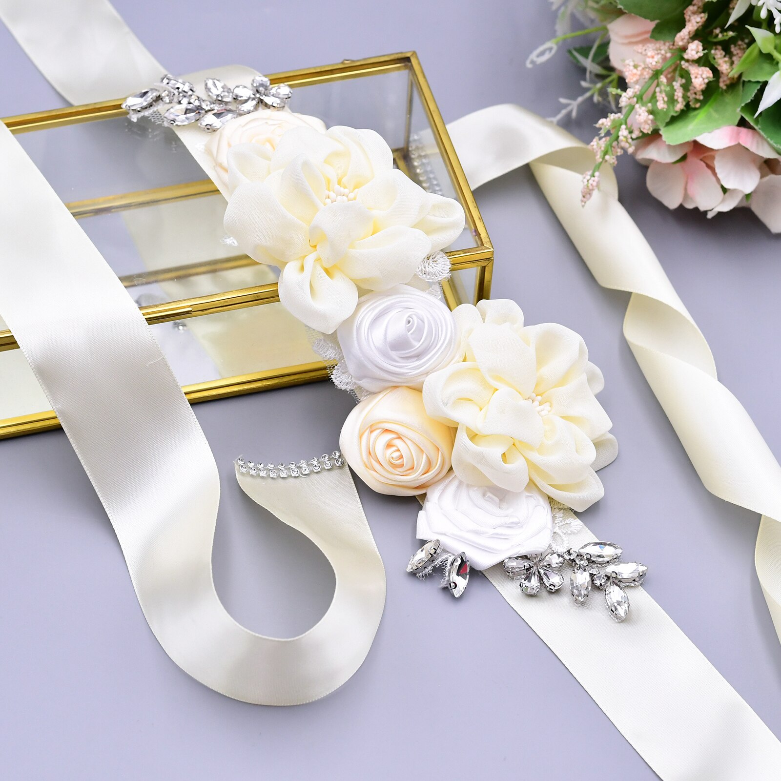 YouLaPan – ceinture de mariée en dentelle S320, faite à la main, avec des appliques de perles, des fleurs scintillantes, à la