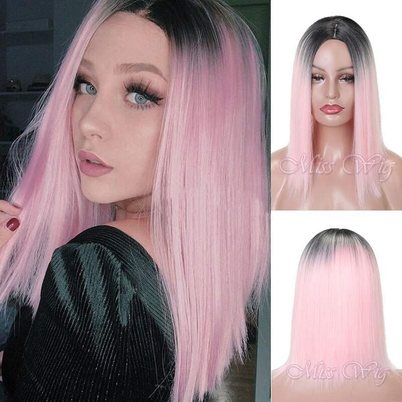 Miss Pruik Korte Rechte Ombre Roze Hittebestendige Bob Pruik Voor Vrouwen Zwart Ombre Kleur Synthetisch Haar