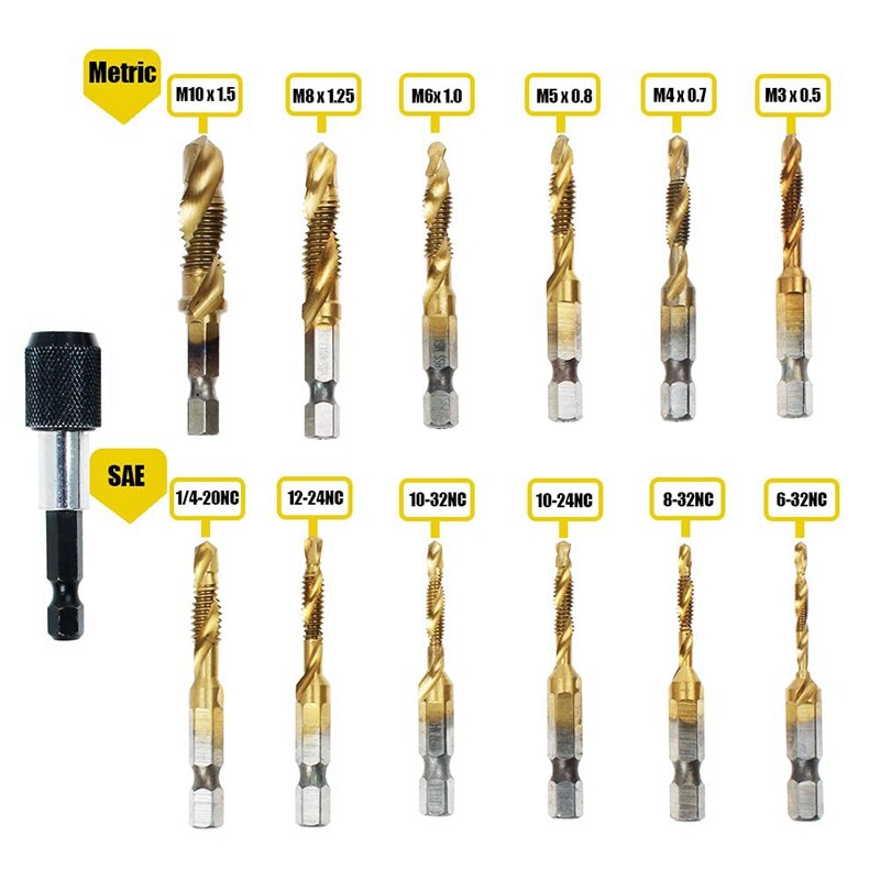 Titanium Combination Drill Tap Bit Set 13PCS SAE and Metric Tap Bits Kit for Screw Thread Drilling Tapping Deburring